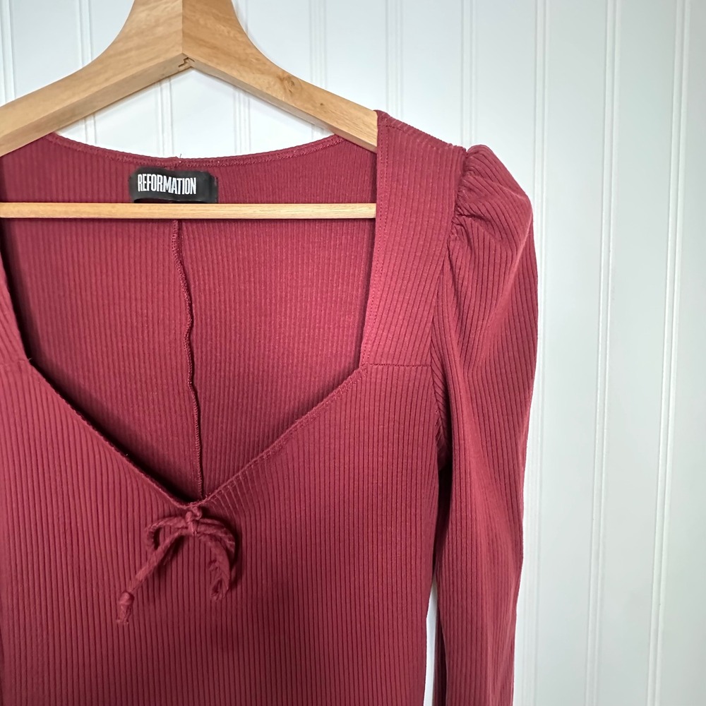 Reformation Annabella Ribbed Knit Long Sleeve Mini‎ Dress Tie Front Size  Large - Picture 2 of 12
